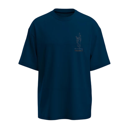 Front view of the premium oversized navy blue t-shirt from Kashiba U with anime design inspired by the Domain Expansion Symbol saying ART IS NOT Dead from the anime called Jujutsu Kaisen printed at the front of the t-shirt. Shop trendy anime merch from the website of Kashiba U online. Buy Now!