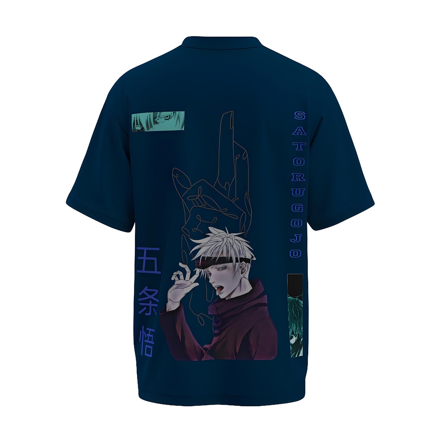 Back view of the premium oversized navy blue t-shirt from Kashiba U with anime design inspired by the Gojo Satoru from the anime called Jujutsu Kaisen printed at the back of the t-shirt. Shop trendy anime merch from the website of Kashiba U online. Buy Now!