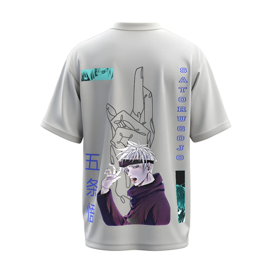Back view of the premium oversized white t-shirt from Kashiba U with anime design inspired by the Gojo Satoru from the anime called Jujutsu Kaisen printed at the back of the t-shirt. Shop trendy anime merch from the website of Kashiba U online. Buy Now!