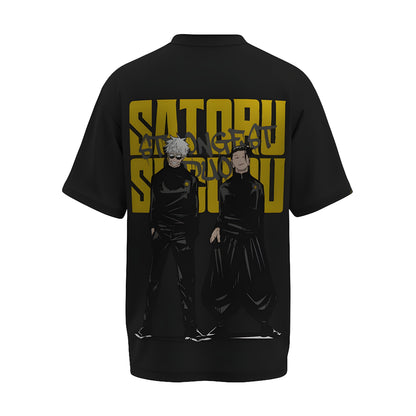 Back view of the premium oversized black t-shirt from Kashiba U with anime design inspired by the Strongest Duo in Anime Satoru Gojo and Geto Suguru from the anime called Jujutsu Kaisen printed at the back of the t-shirt. Shop trendy anime merch from the website of Kashiba U online. Buy Now!