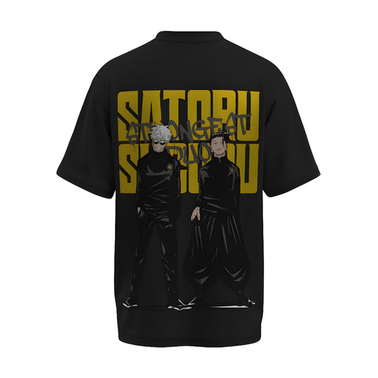 Back view of the premium oversized black t-shirt from Kashiba U with anime design inspired by the Strongest Duo in Anime Satoru Gojo and Geto Suguru from the anime called Jujutsu Kaisen printed at the back of the t-shirt. Shop trendy anime merch from the website of Kashiba U online. Buy Now!