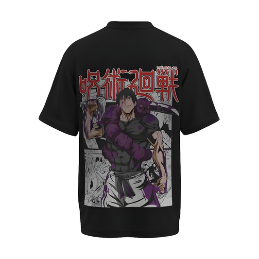 Back view of the premium oversized black t-shirt from Kashiba U with anime design inspired by the Toji Fushiguro from the anime called Jujutsu Kaisen printed at the back of the t-shirt. Shop trendy anime merch from the website of Kashiba U online. Buy Now!