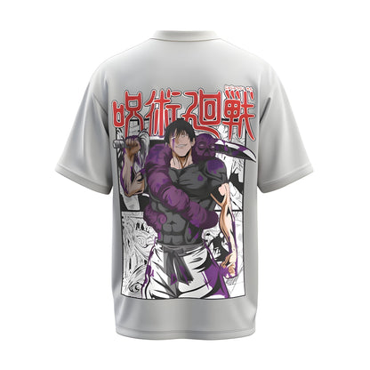 Back view of the premium oversized white t-shirt from Kashiba U with anime design inspired by the Toji Fushiguro from the anime called Jujutsu Kaisen printed at the back of the t-shirt. Shop trendy anime merch from the website of Kashiba U online. Buy Now!