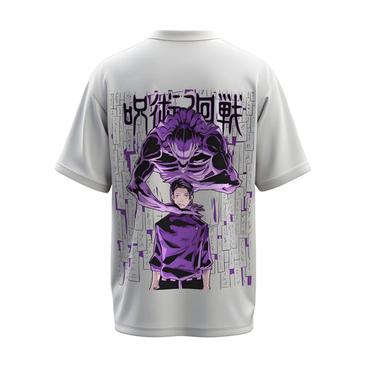 Back view of the premium oversized white t-shirt from Kashiba U with anime design inspired by Yuta Okkotsu and Rika Orimoto from the anime called Jujutsu Kaisen printed at the back of the t-shirt. Shop trendy anime merch from the website of Kashiba U online. Buy Now!
