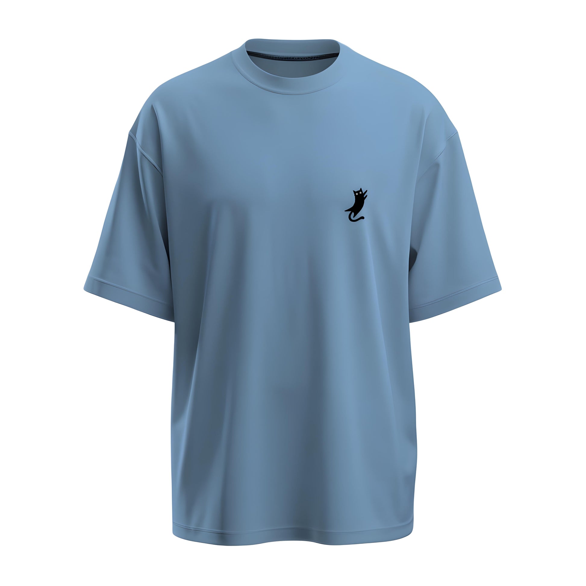 Front view of the oversized baby blue t-shirt with Kashiba U cat logo placed at the right side of the chest. Shop this trendy merch now. Buy Now!