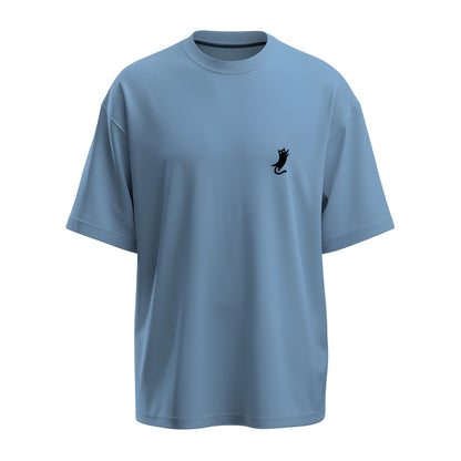 Front view of the oversized baby blue t-shirt with Kashiba U cat logo placed at the right side of the chest. Shop this trendy merch now. Buy Now!