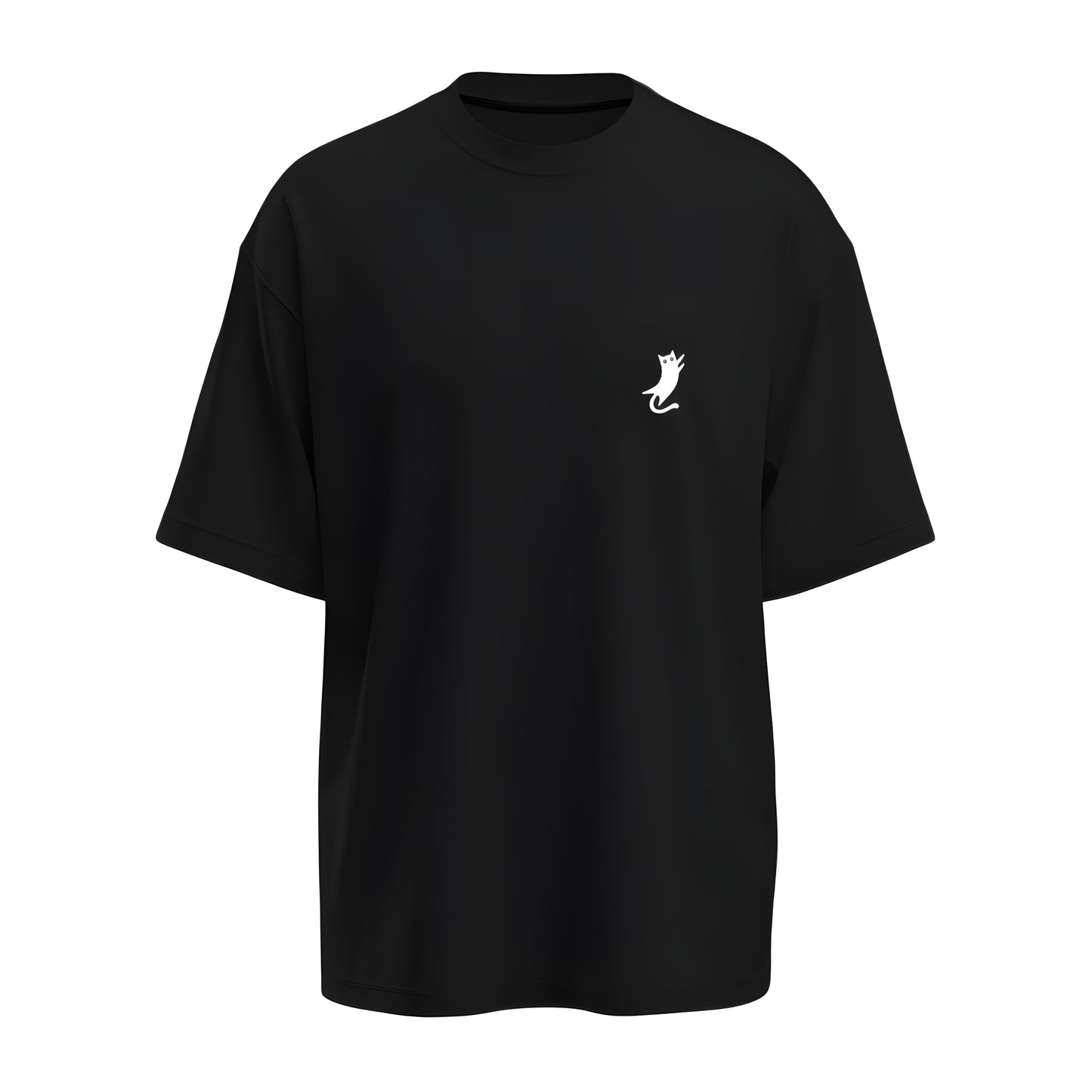 Front view of the oversized black t-shirt with Kashiba U cat logo placed at the right side of the chest. Shop this trendy merch now. Buy Now!