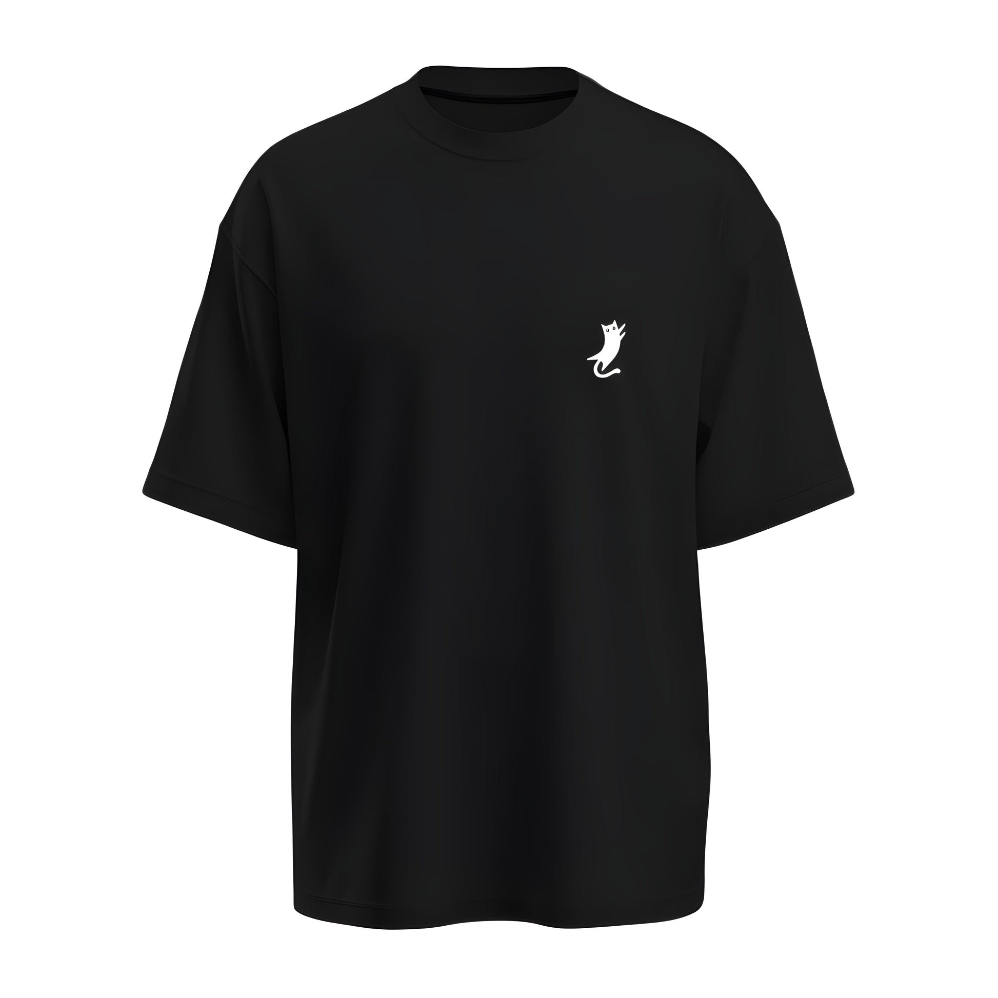 Front view of the oversized black t-shirt with Kashiba U cat logo placed at the right side of the chest. Shop this trendy merch now. Buy Now!