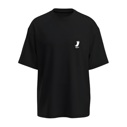 Front view of the oversized black t-shirt with Kashiba U cat logo placed at the right side of the chest. Shop this trendy merch now. Buy Now!