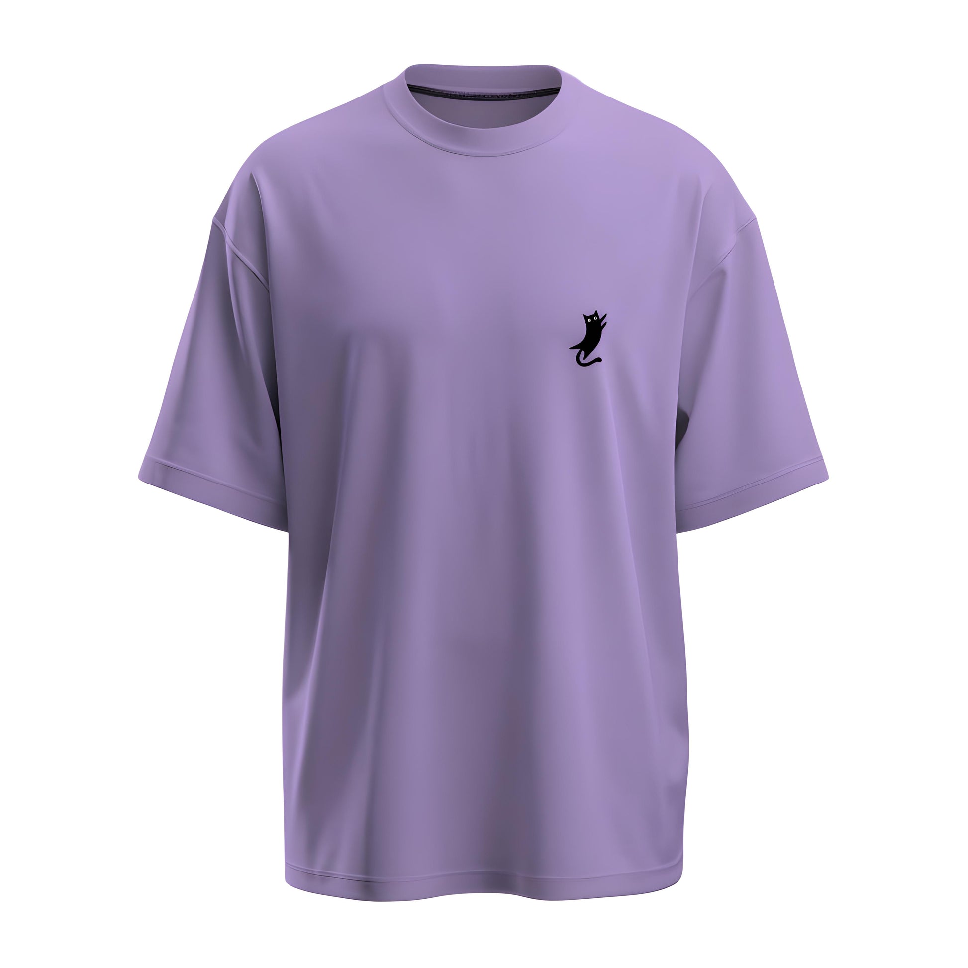 Front view of the oversized iris lavender t-shirt with Kashiba U cat logo placed at the right side of the chest. Shop this trendy merch now. Buy Now!