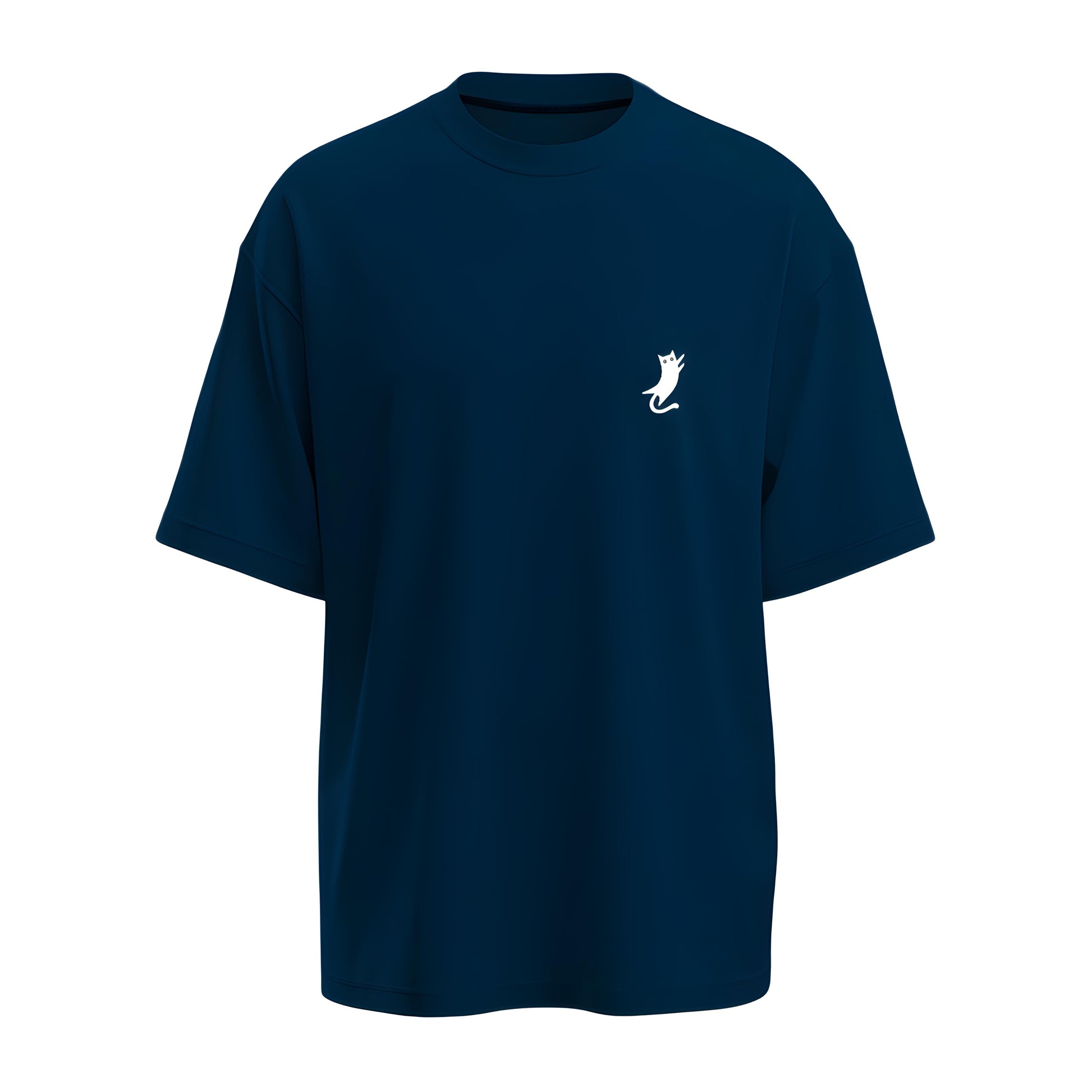 Front view of the oversized navy blue t-shirt with Kashiba U cat logo placed at the right side of the chest. Shop this trendy merch now. Buy Now!