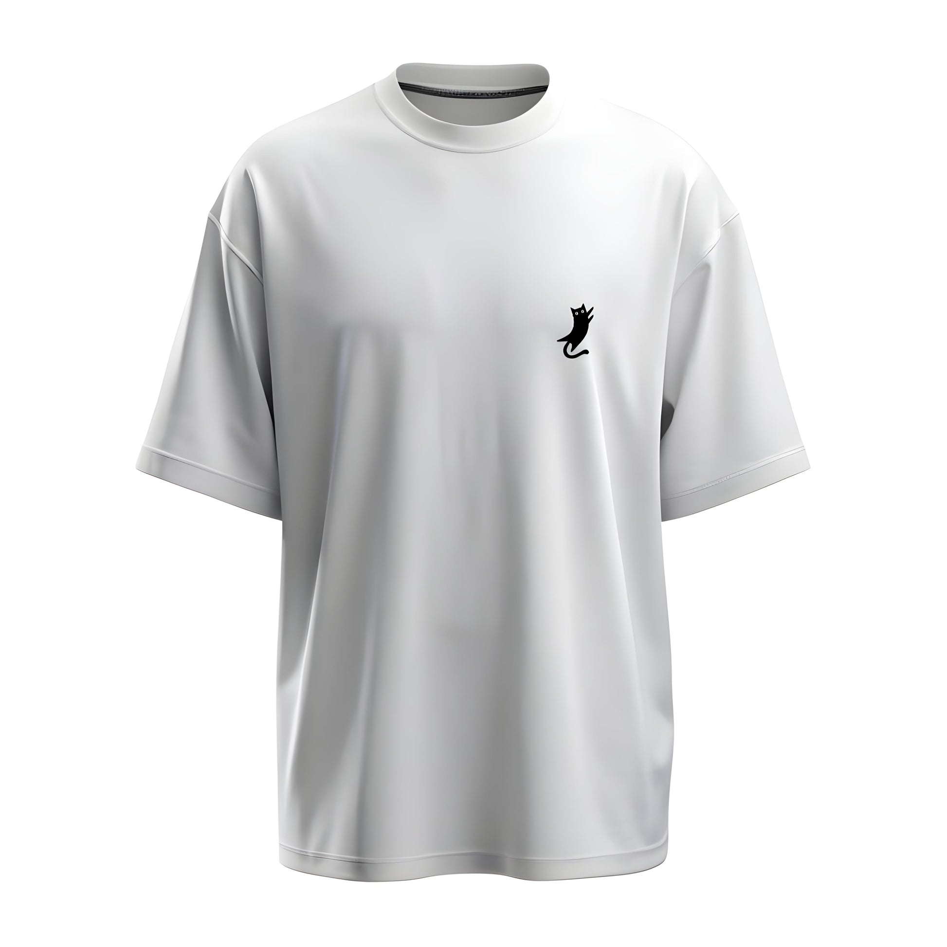 Front view of the oversized white t-shirt with Kashiba U cat logo placed at the right side of the chest. Shop this trendy merch now. Buy Now!