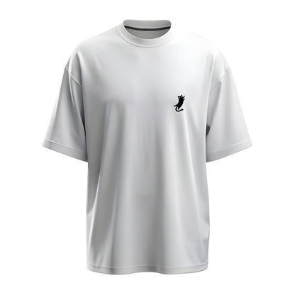 Front view of the oversized white t-shirt with Kashiba U cat logo placed at the right side of the chest. Shop this trendy merch now. Buy Now!