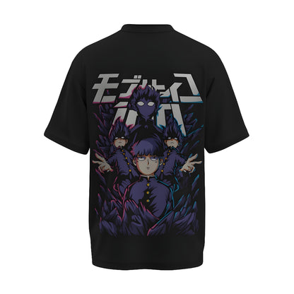 Back view of the premium oversized black t-shirt from Kashiba U with anime design inspired by Shigeo 100% Mode from the anime called Mob Psycho 100 printed at the back of the t-shirt. Shop trendy anime merch from the website of Kashiba U online. Buy Now!