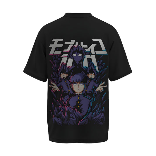 Back view of the premium oversized black t-shirt from Kashiba U with anime design inspired by Shigeo 100% Mode from the anime called Mob Psycho 100 printed at the back of the t-shirt. Shop trendy anime merch from the website of Kashiba U online. Buy Now!
