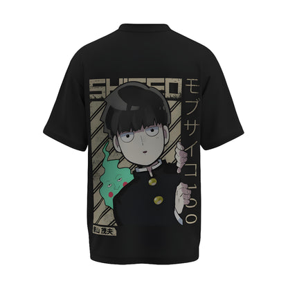 Back view of the premium oversized black t-shirt from Kashiba U with anime design inspired by Shigeo from the anime called Mob Psycho 100 printed at the back of the t-shirt. Shop trendy anime merch from the website of Kashiba U online. Buy Now!