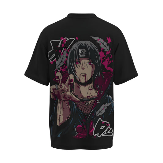 Back view of the premium oversized black t-shirt from Kashiba U with anime design inspired by Itachi Uchiha from the anime Naruto printed at the back of the t-shirt. Shop trendy anime merch from the website of Kashiba U online. Buy Now!