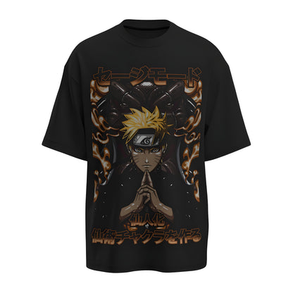 Front view of the premium oversized black t-shirt from Kashiba U with anime design inspired by Naruto in Sage Mode from the anime Naruto Shippuden printed at the front of the t-shirt. Shop trendy anime merch from the website of Kashiba U online. Buy Now!
