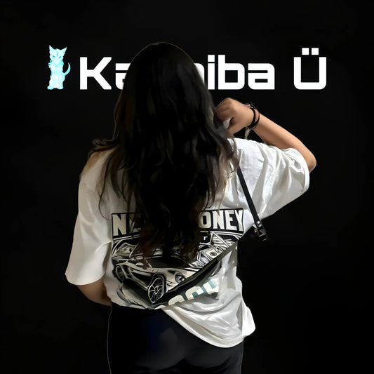 Back view of the model showcasing the premium oversized Need Money For Porsche t-shirt in white from Kashiba U. Shop trendy premium t-shirt from Kashiba U online. Buy Now!