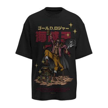 Front view of the premium oversized black t-shirt from Kashiba U with anime design inspired by Gol D. Roger the Pirate King from the anime called One Piece printed at the front of the t-shirt. Shop trendy anime merch from the website of Kashiba U online. Buy Now!