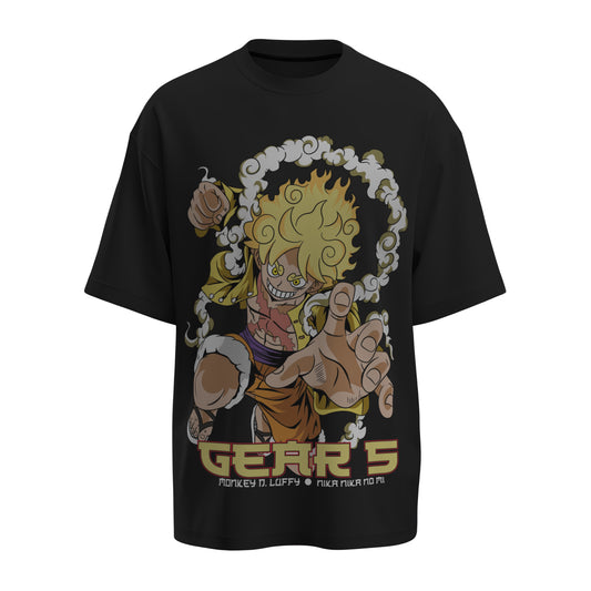 Front view of the premium oversized black t-shirt from Kashiba U with anime design inspired by Monkey D. Luffy in Gear 5 form from the anime called One Piece printed at the front of the t-shirt. Shop trendy anime merch from the website of Kashiba U online. Buy Now!