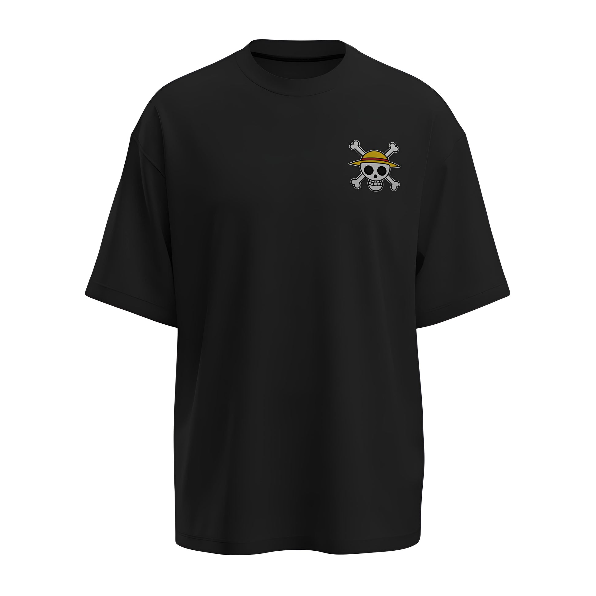 Front view of the premium oversized black t-shirt from Kashiba U with anime design inspired by the Straw Hat Logo from the anime One Piece printed at the upper left in front of the t-shirt. Shop trendy anime merch from the website of Kashiba U online. Buy Now!