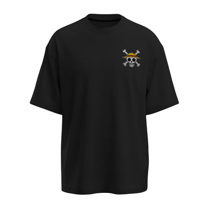 Front view of the premium oversized black t-shirt from Kashiba U with anime design inspired by the Straw Hat Logo from the anime One Piece printed at the upper left in front of the t-shirt. Shop trendy anime merch from the website of Kashiba U online. Buy Now!