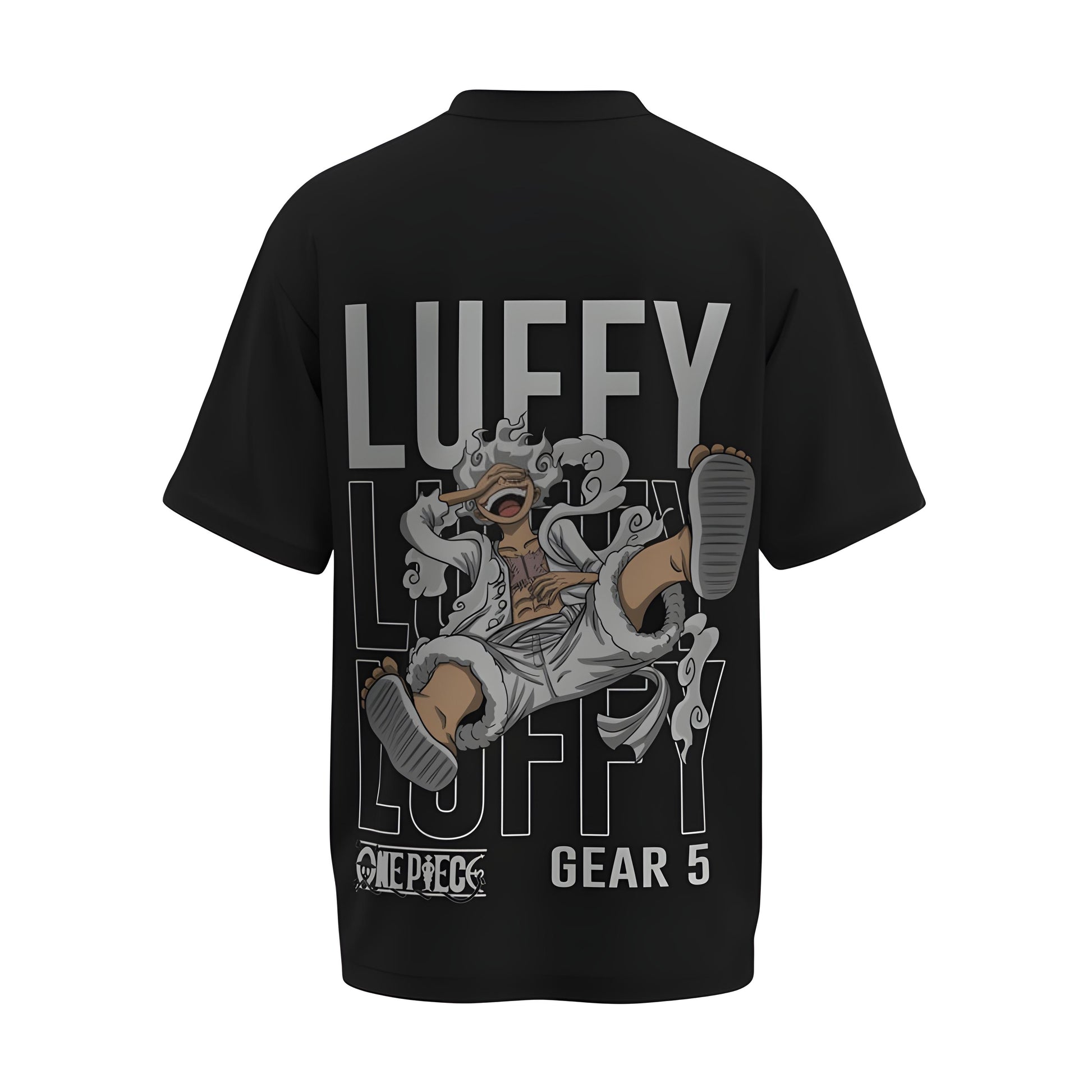 Back view of the premium oversized black t-shirt from Kashiba U with anime design inspired by the Monkey D. Luffy laughing in Gear 5 form from the anime One Piece printed at the back of the t-shirt. Shop trendy anime merch from the website of Kashiba U online. Buy Now!