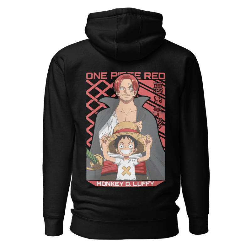 Back view of the premium and limited edition black hoodie from Kashiba U will cool design inspired by One Piece Red Movie with Shanks and Kid Luffy with a straw hat from anime One Piece printed at the back. Shop trendy graphic hoodie from Kashiba U online. Buy Now!