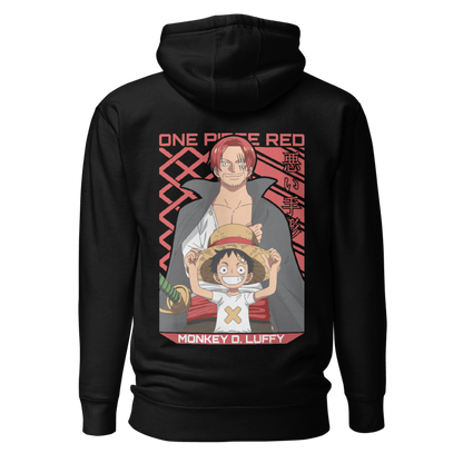 Back view of the premium and limited edition black hoodie from Kashiba U will cool design inspired by One Piece Red Movie with Shanks and Kid Luffy with a straw hat from anime One Piece printed at the back. Shop trendy graphic hoodie from Kashiba U online. Buy Now!