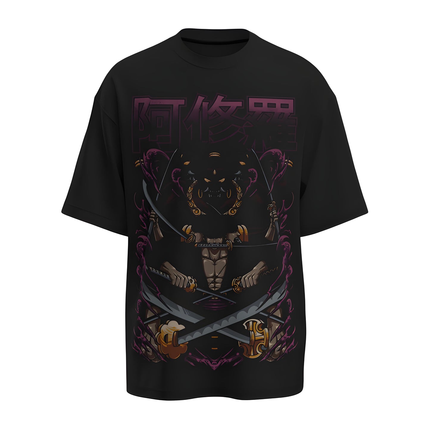 Front view of the premium oversized black t-shirt from Kashiba U with anime design inspired by Roronoa Zoro from the anime One Piece printed at the front of the t-shirt. Shop trendy anime merch from the website of Kashiba U online. Buy Now!