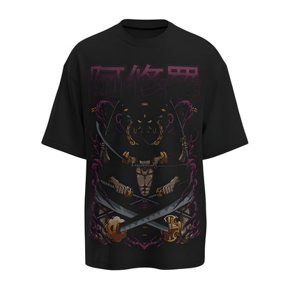 Front view of the premium oversized black t-shirt from Kashiba U with anime design inspired by Roronoa Zoro from the anime One Piece printed at the front of the t-shirt. Shop trendy anime merch from the website of Kashiba U online. Buy Now!