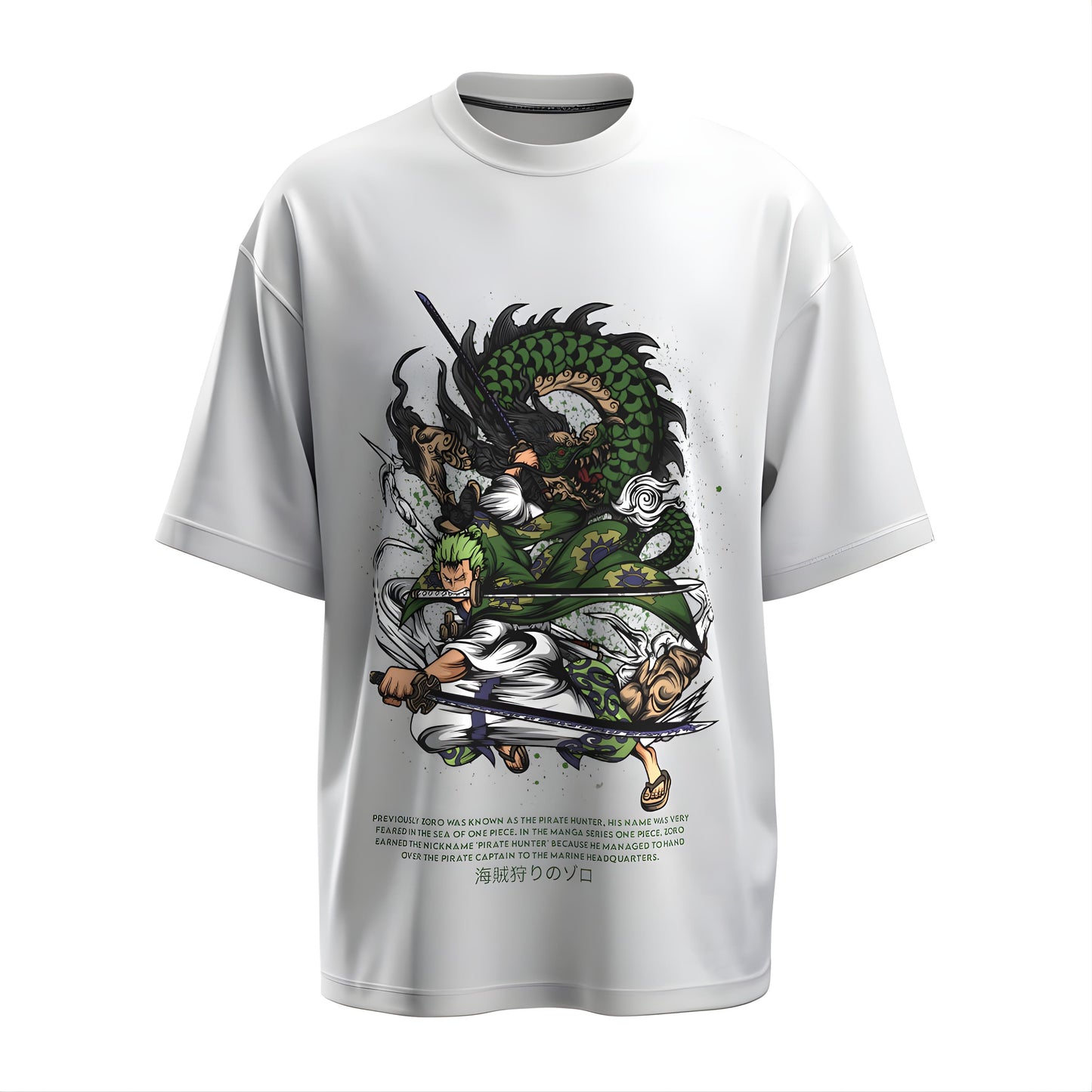 Front view of the premium oversized white t-shirt from Kashiba U with anime design inspired by the Roronoa Zoro in Aura form from Wano Arc from the anime One Piece printed at the front of the t-shirt. Shop trendy anime merch from the website of Kashiba U online. Buy Now!