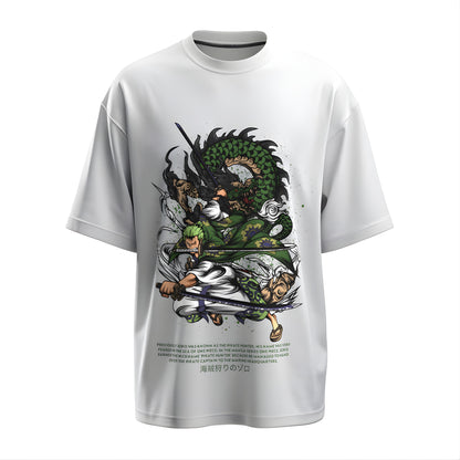 Front view of the premium oversized white t-shirt from Kashiba U with anime design inspired by the Roronoa Zoro in Aura form from Wano Arc from the anime One Piece printed at the front of the t-shirt. Shop trendy anime merch from the website of Kashiba U online. Buy Now!