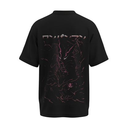 Back view of the premium oversized black t-shirt from Kashiba U with anime design inspired by  Garou from the anime One Punch Man printed at the back of the t-shirt. Shop trendy anime merch from the website of Kashiba U online. Buy Now!