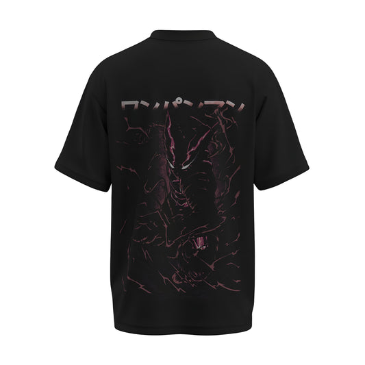 Back view of the premium oversized black t-shirt from Kashiba U with anime design inspired by  Garou from the anime One Punch Man printed at the back of the t-shirt. Shop trendy anime merch from the website of Kashiba U online. Buy Now!