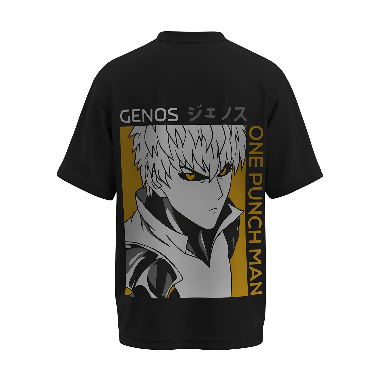 Back view of the premium oversized black t-shirt from Kashiba U with anime design inspired by Genos from the anime One Punch Man printed at the back of the t-shirt. Shop trendy anime merch from the website of Kashiba U online. Buy Now!