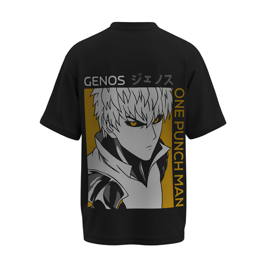 Back view of the premium oversized black t-shirt from Kashiba U with anime design inspired by Genos from the anime One Punch Man printed at the back of the t-shirt. Shop trendy anime merch from the website of Kashiba U online. Buy Now!