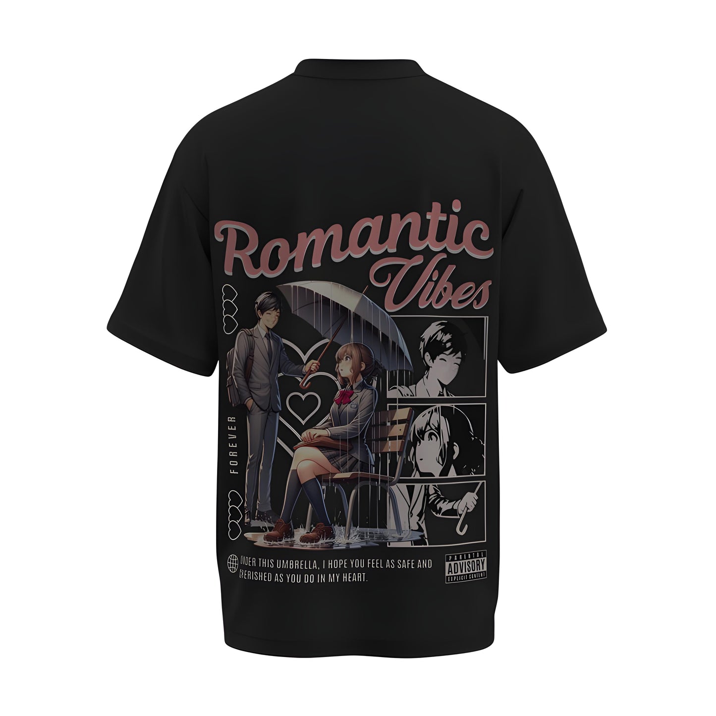 Back view of the premium oversized black t-shirt titled “Romantic Vibes” from Kashiba U with cool graphic design inspired by street art printed at the back of the t-shirt. Shop trendy streetwear graphic tee from the website of Kashiba U online. Buy Now!