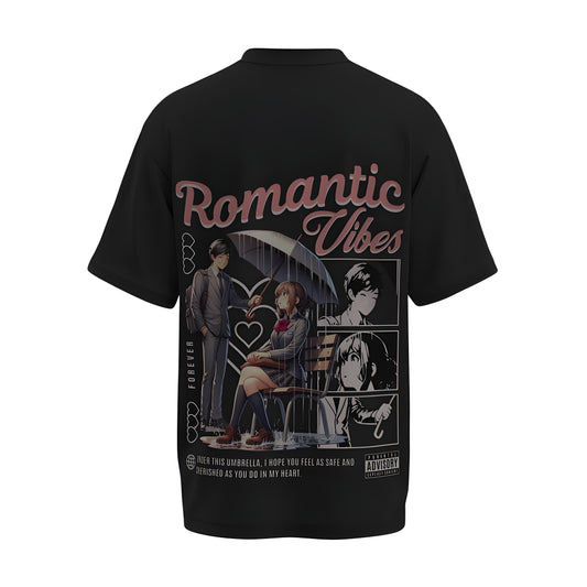 Back view of the premium oversized black t-shirt titled “Romantic Vibes” from Kashiba U with cool graphic design inspired by street art printed at the back of the t-shirt. Shop trendy streetwear graphic tee from the website of Kashiba U online. Buy Now!