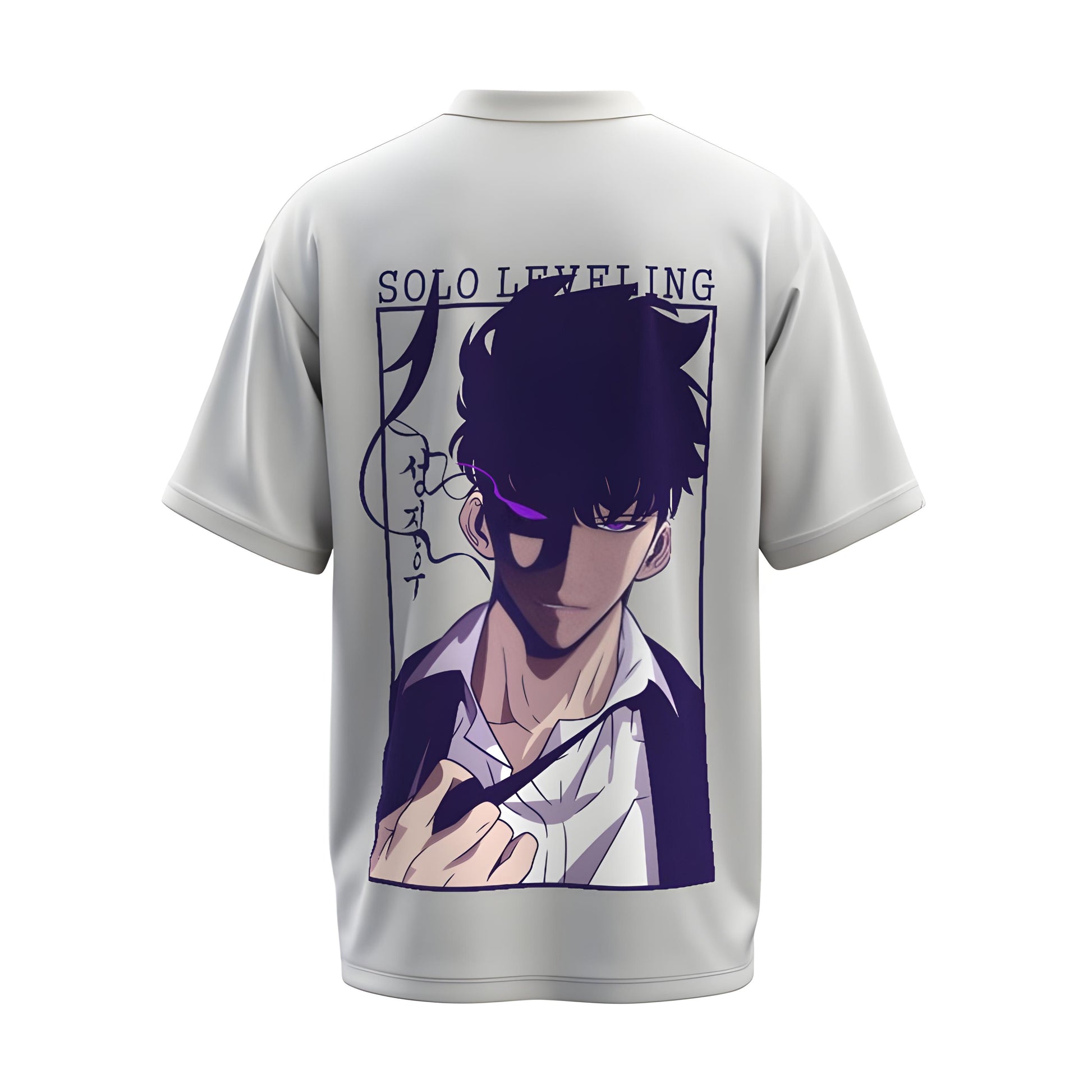 Back view of the premium oversized white t-shirt from Kashiba U with anime design inspired by Jin Woo from the anime Solo Leveling printed at the back of the t-shirt. Shop trendy anime merch from the website of Kashiba U online. Buy Now!