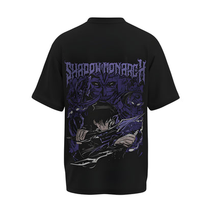 Back view of the premium oversized black t-shirt from Kashiba U with anime design inspired by Jin Woo Shadow Monarch from the anime Solo Leveling printed at the back of the t-shirt. Shop trendy anime merch from the website of Kashiba U online. Buy Now!
