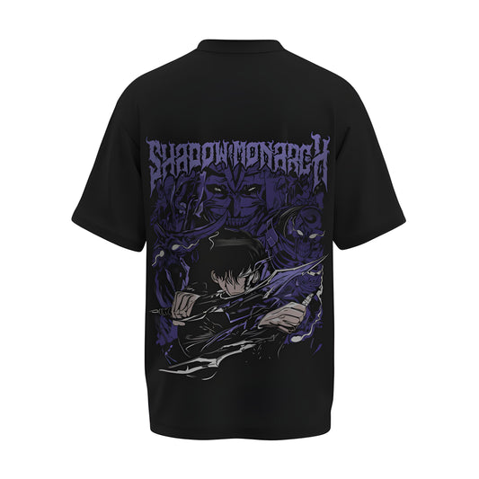 Back view of the premium oversized black t-shirt from Kashiba U with anime design inspired by Jin Woo Shadow Monarch from the anime Solo Leveling printed at the back of the t-shirt. Shop trendy anime merch from the website of Kashiba U online. Buy Now!