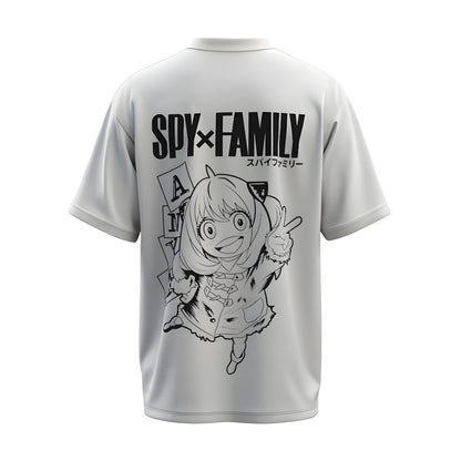 Back view of the premium oversized white t-shirt from Kashiba U with anime design inspired by Anya Forger from the anime Spy X Family printed at the back of the t-shirt. Shop trendy anime merch from the website of Kashiba U online. Buy Now!