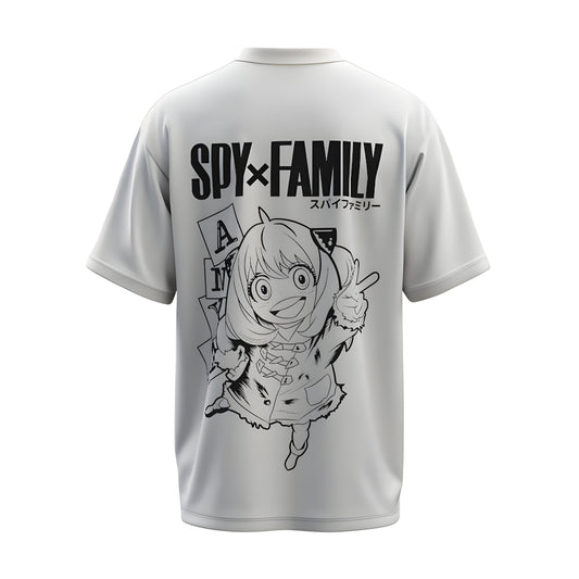 Back view of the premium oversized white t-shirt from Kashiba U with anime design inspired by Anya Forger from the anime Spy X Family printed at the back of the t-shirt. Shop trendy anime merch from the website of Kashiba U online. Buy Now!