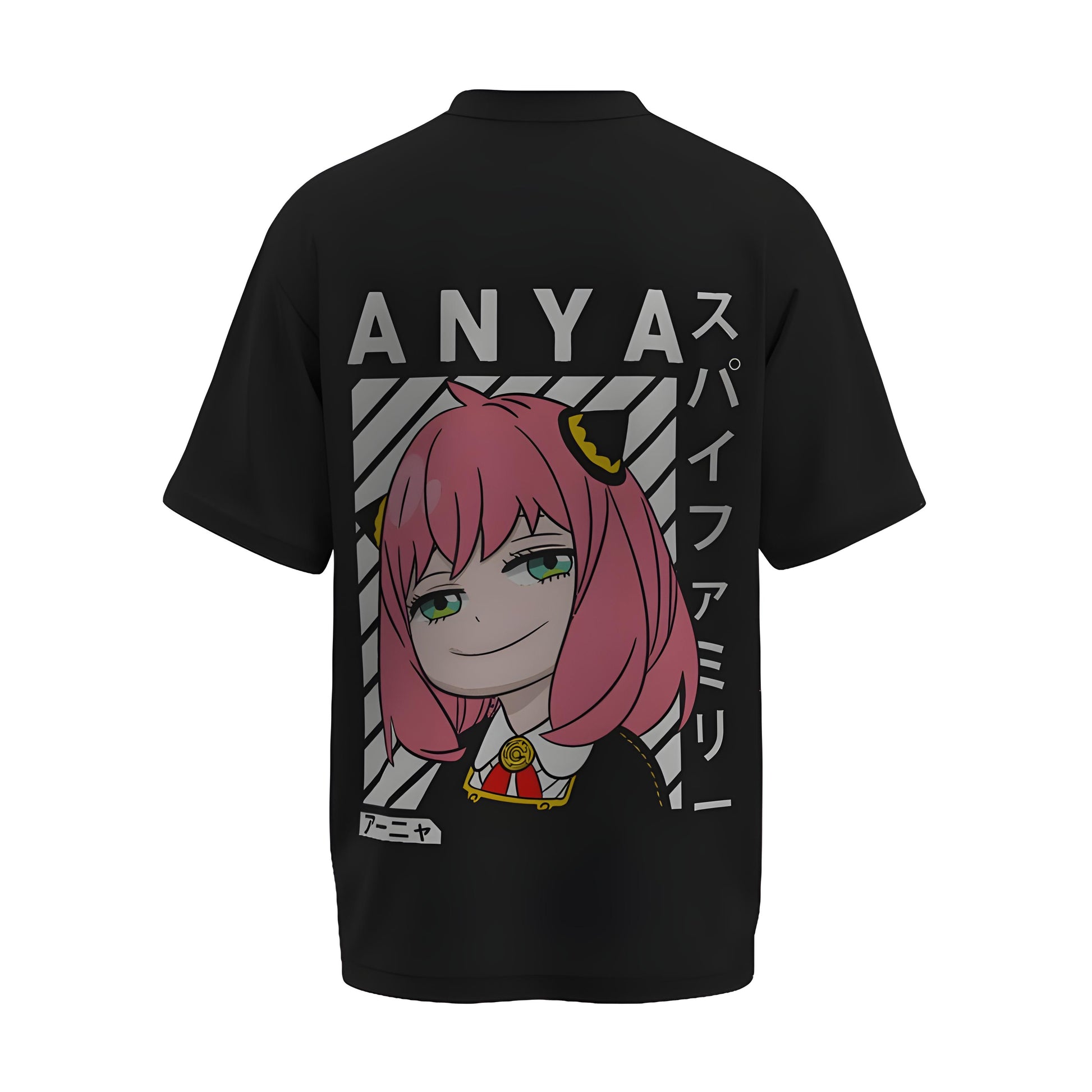 Back view of the premium oversized black t-shirt from Kashiba U with anime design inspired by Anya Forger Smug Face from the anime Spy x Family printed at the back of the t-shirt. Shop trendy anime merch from the website of Kashiba U online. Buy Now!
