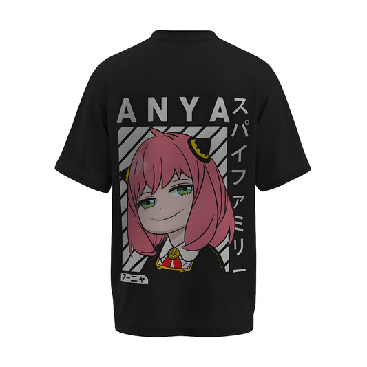 Back view of the premium oversized black t-shirt from Kashiba U with anime design inspired by Anya Forger Smug Face from the anime Spy x Family printed at the back of the t-shirt. Shop trendy anime merch from the website of Kashiba U online. Buy Now!
