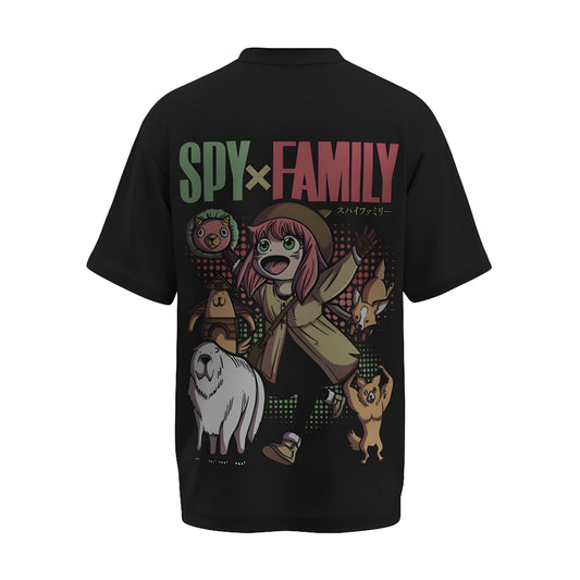 Back view of the premium oversized black t-shirt from Kashiba U with anime design inspired by Anya Forger and Bond from the anime Spy x Family printed at the back of the t-shirt. Shop trendy anime merch from the website of Kashiba U online. Buy Now!