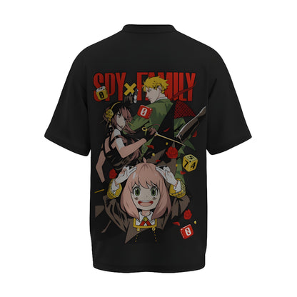 Back view of the premium oversized black t-shirt from Kashiba U with anime design inspired by Forger Family with Loid Forger, Yor Forger and Anya Chan from the anime Spy x Family printed at the back of the t-shirt. Shop trendy anime merch from the website of Kashiba U online. Buy Now!
