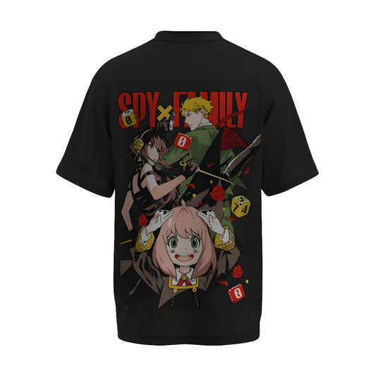 Back view of the premium oversized black t-shirt from Kashiba U with anime design inspired by Forger Family with Loid Forger, Yor Forger and Anya Chan from the anime Spy x Family printed at the back of the t-shirt. Shop trendy anime merch from the website of Kashiba U online. Buy Now!